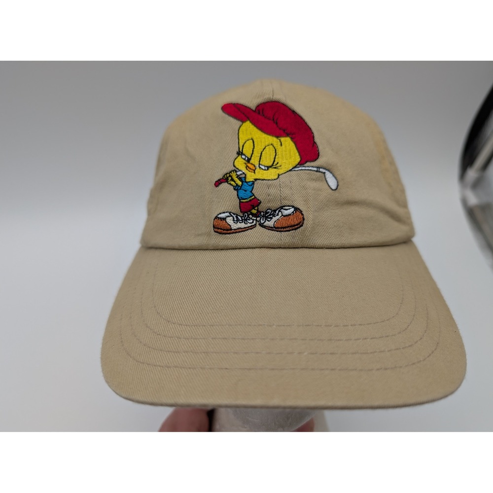 Vintage 1996 Six Flags Looney Tunes Tweety Bird Golf Hat Tan Plaid Brim Cotton